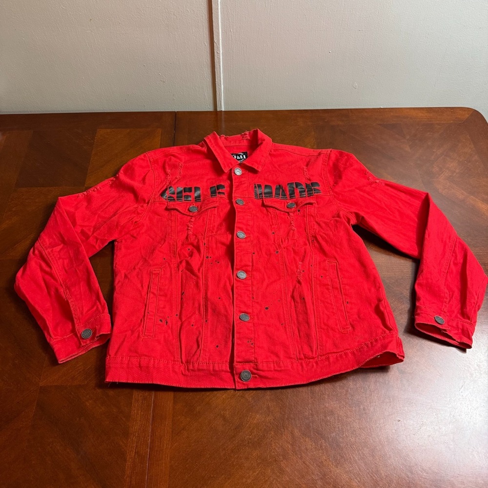 Jacket Mens Red Distressed Denim Trucker Streetwear‎ Patch Graffiti XL